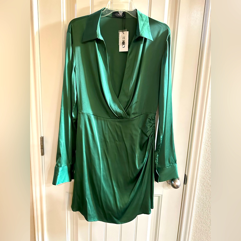 Gorgeous, Green Satin Longsleeve, Faux Wrap Dress From Cider.